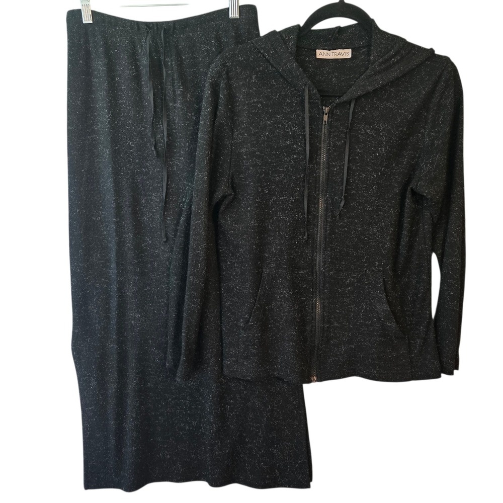 ANN TRAVIS Sparkle Knit Hoodie Skirt‎ Set Charcoal Gray Loungewear Travel Size S